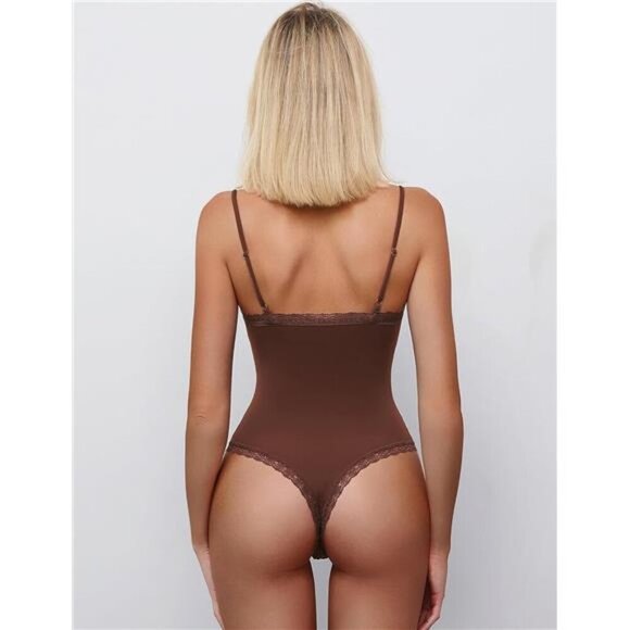 Women Square Neck Lace Bodysuit Sleeveless Coffee - Picture 2 of 6